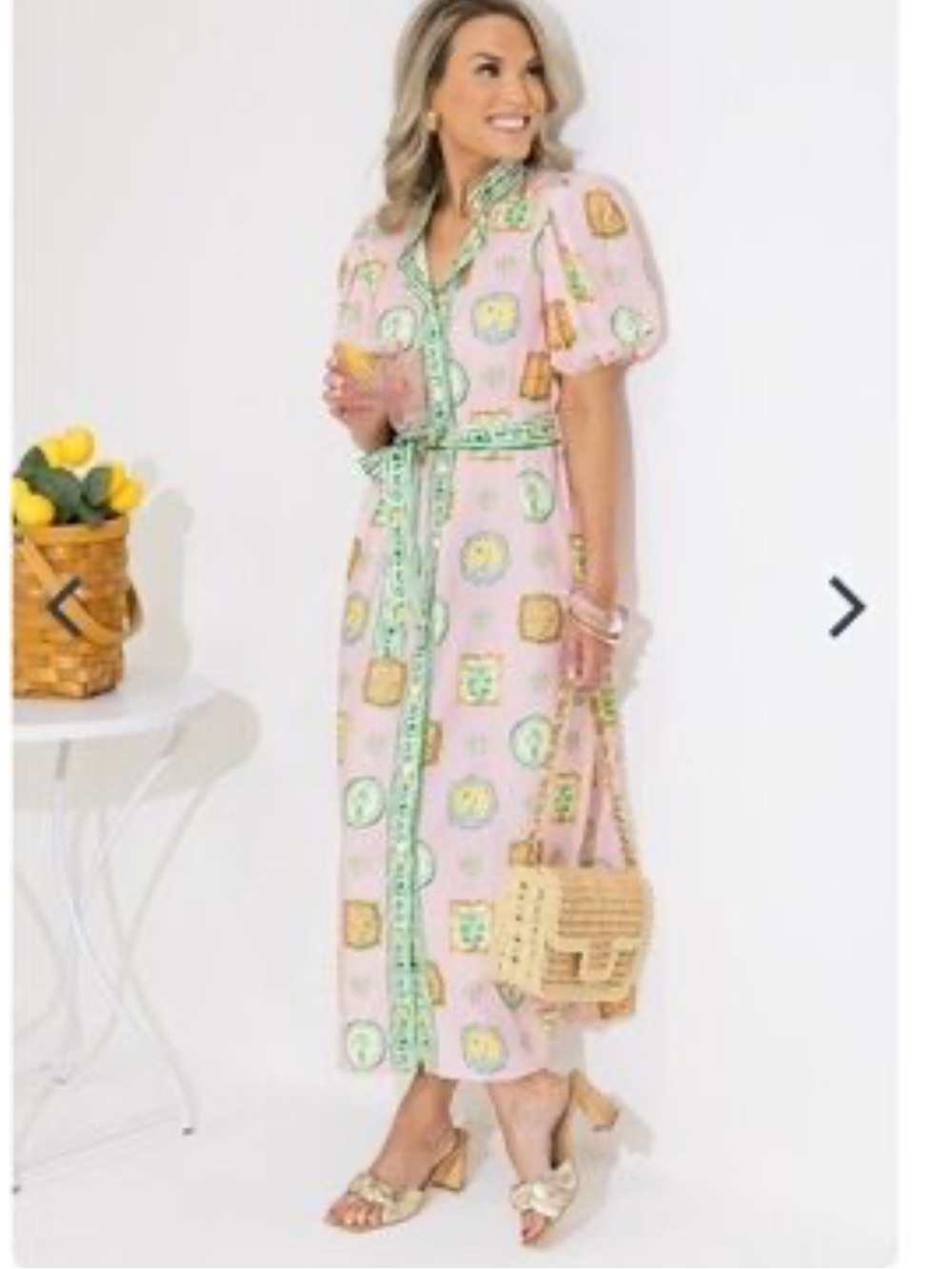 Sunday Up Pink Porcelain Printed Maxi Dress  Green Trim Size M Worn once!